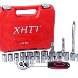 26 Pieces 3/8 Drive Socket Ratchet Wrench Set, SAE/Metric Socket Set,And 72 Tooth Reversible Ratchet,Extension Bar, Universal Joint,CR-V Steel