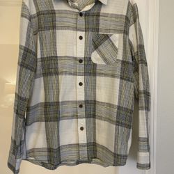 REEF PLAID SHIRT MENS MEDIUM WHITE YELLOW BLACK LONG SLEEVE WOODEN BUTTONS