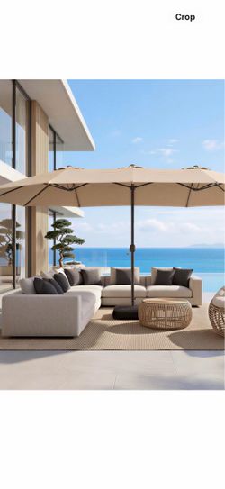 Brand new beige 15ft Large Outdoor Patio Umbrella with Base Included UPF50+ Terylene Polyester Fabric, Rectangle Large Triple Head Market Umbrella, Cr