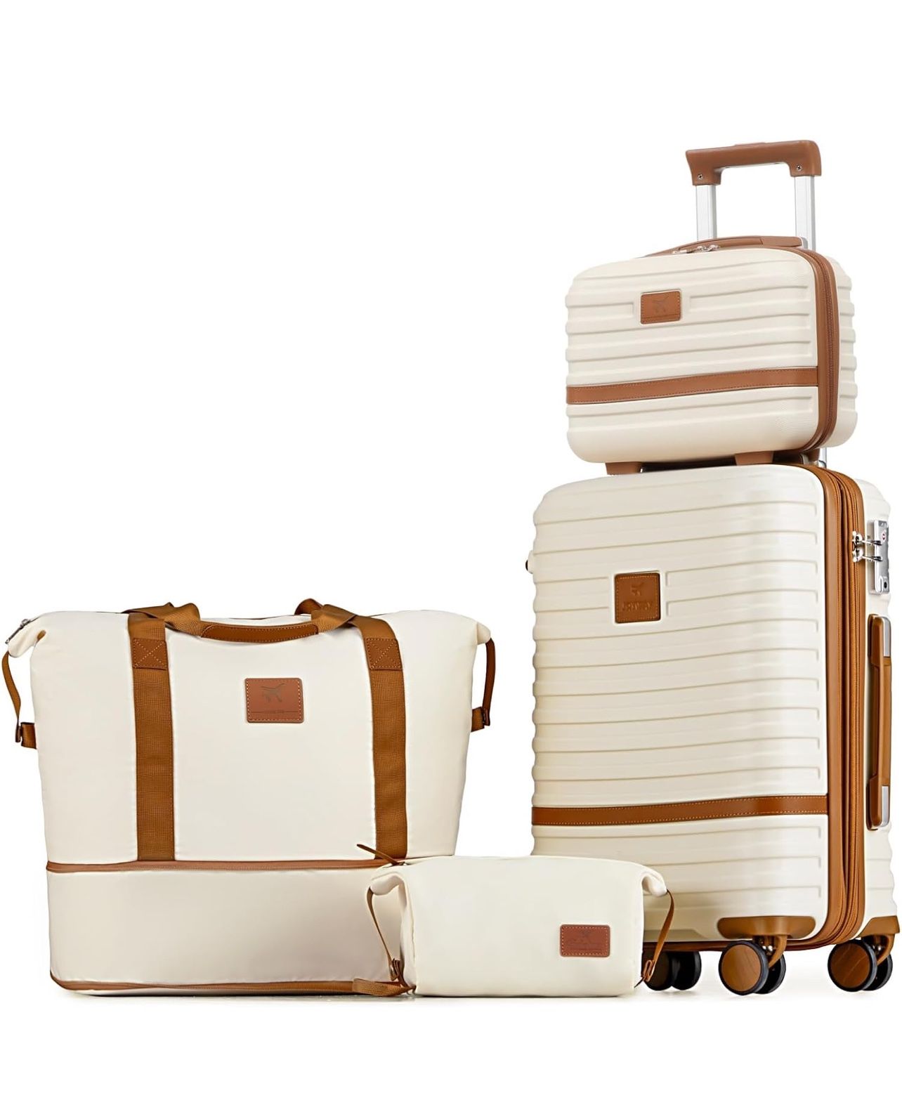 Carry On Luggage 20 Inch Expandable Suitcase with Spinner Wheel, 4 Piece Hard Shell Luggage Set with TSA Lock(White brown)