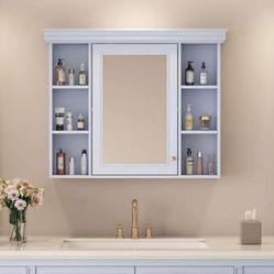 Newly Assembled 35'' x 28'' Blue Wall Mounted Bathroom Storage Cabinet with Mirror Door