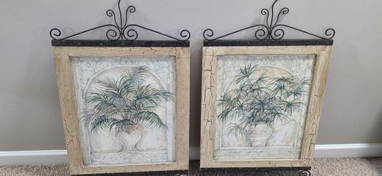 Two Large Potted Palm Tree Regency Wall Art- A Pair with Wrought Iron Accents