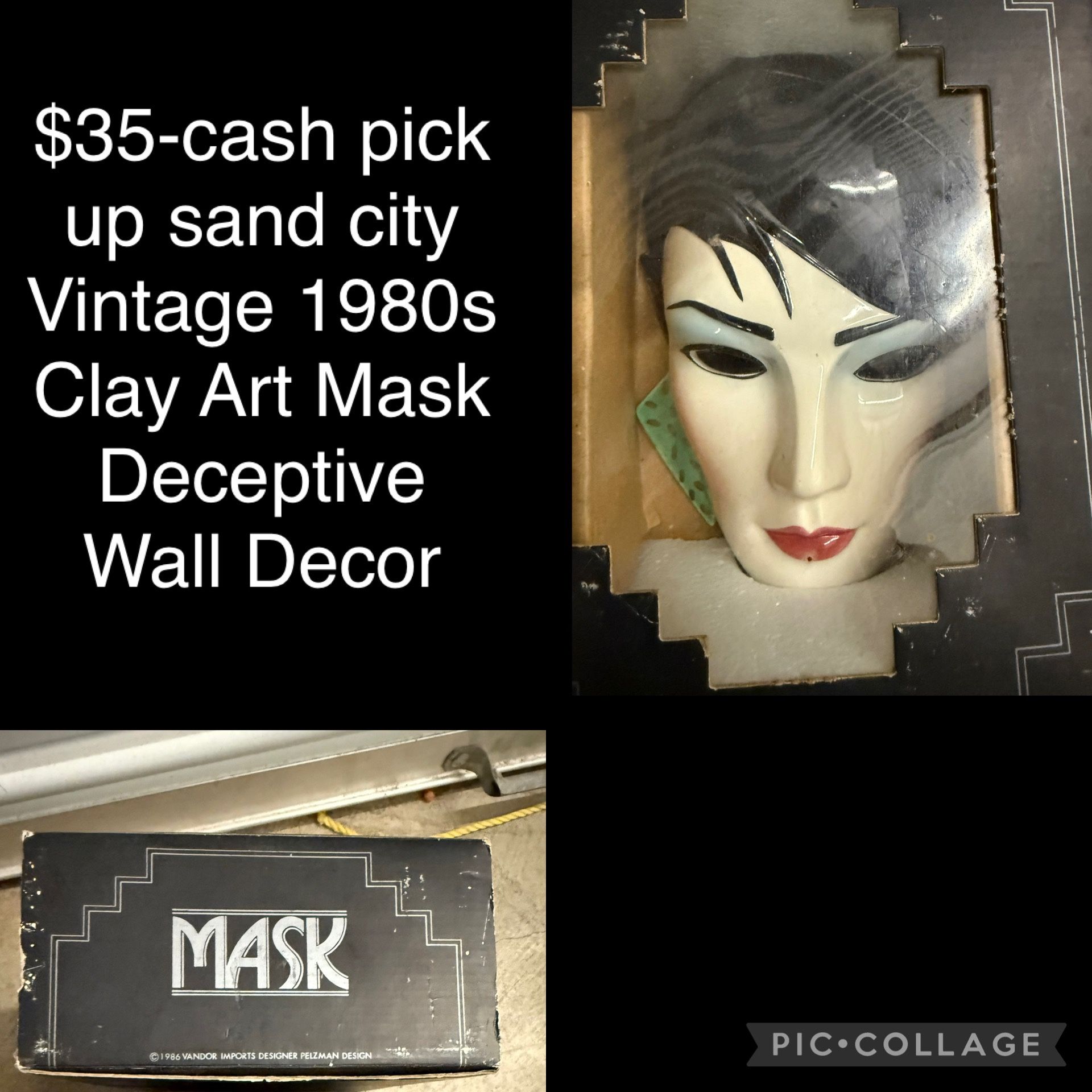 $35 Vintage 1980s Clay Art Mask Deceptive Wall Decor