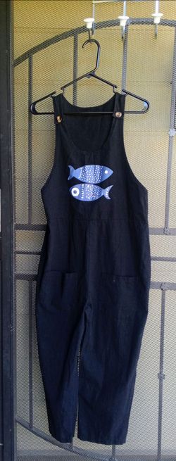 Black Overalls with Fish Graphic size small