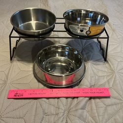 3 Pet Bowls 6” Wide X 2” Deep And Stand 