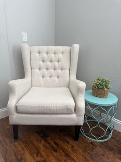 Beige Linen Tufted Fabric Wingback Armchair