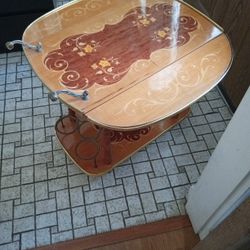 Vintage Italian Brass And Wood Bar Service Table With Inlay flowers Design 