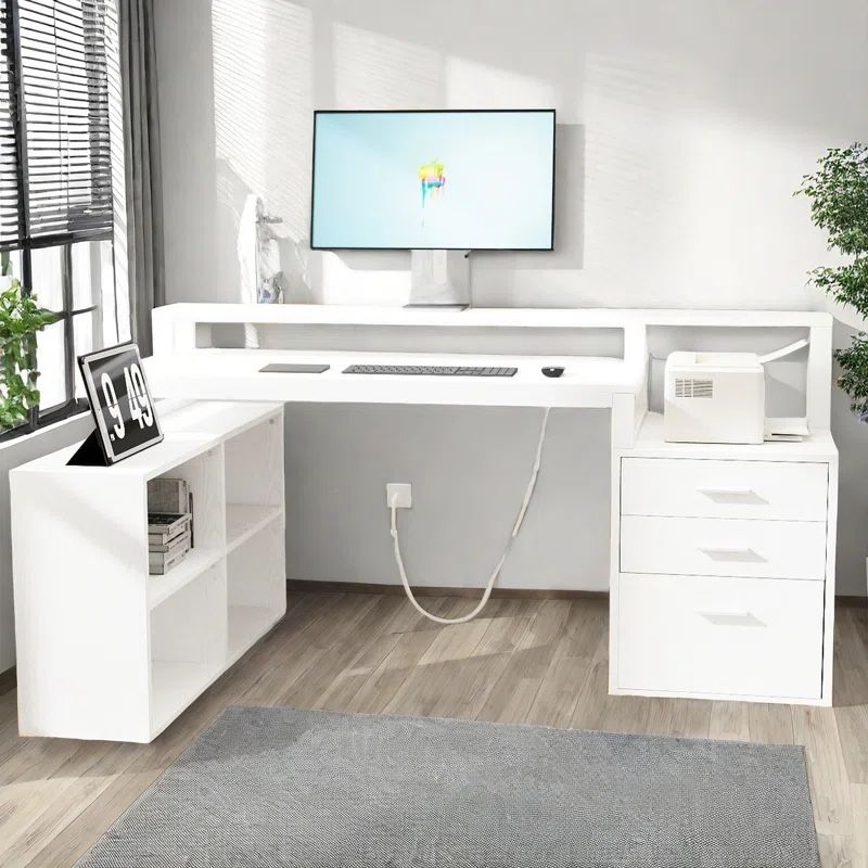 Balconera 65'' L Shaped Desk With Power Outlets, LED Lights & Monitor Stand