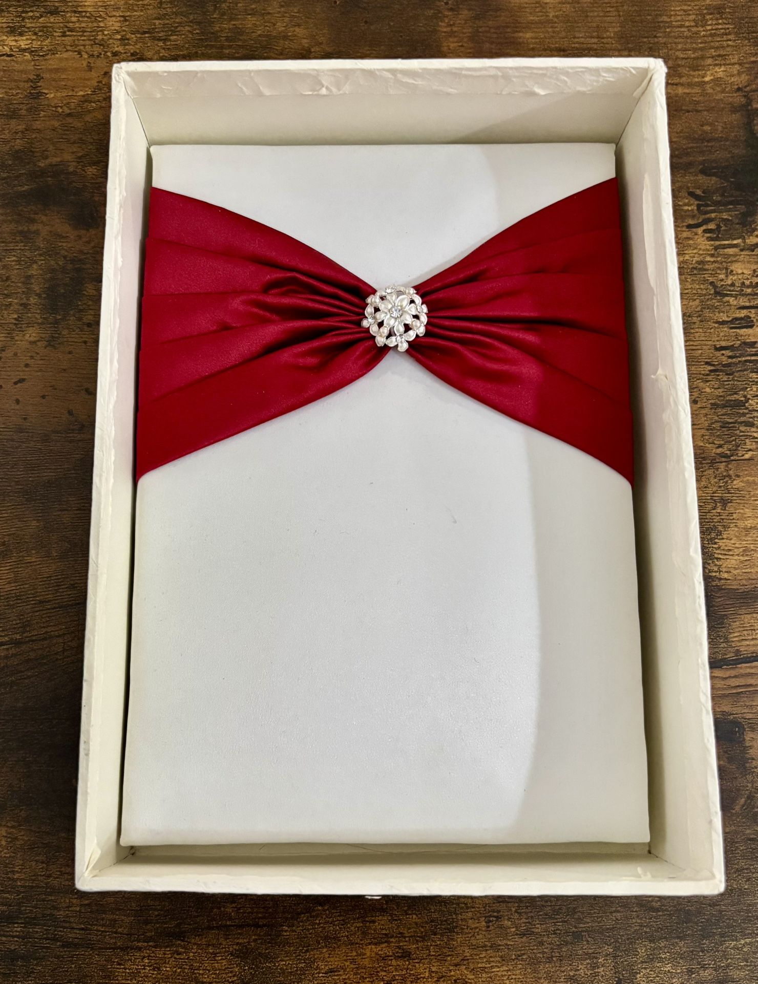 David’s Bridal 4-Piece Wedding Set - White Satin & Burgundy with Crystal Brooches