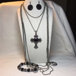 Silver, Black And Rhinestones Cross Layering Necklaces,Bracelet And Earrings Set
