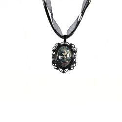 Evil Leprechaun Gothic Victorian Black Metal Pendant Necklace Black Ribbon Adjustable 