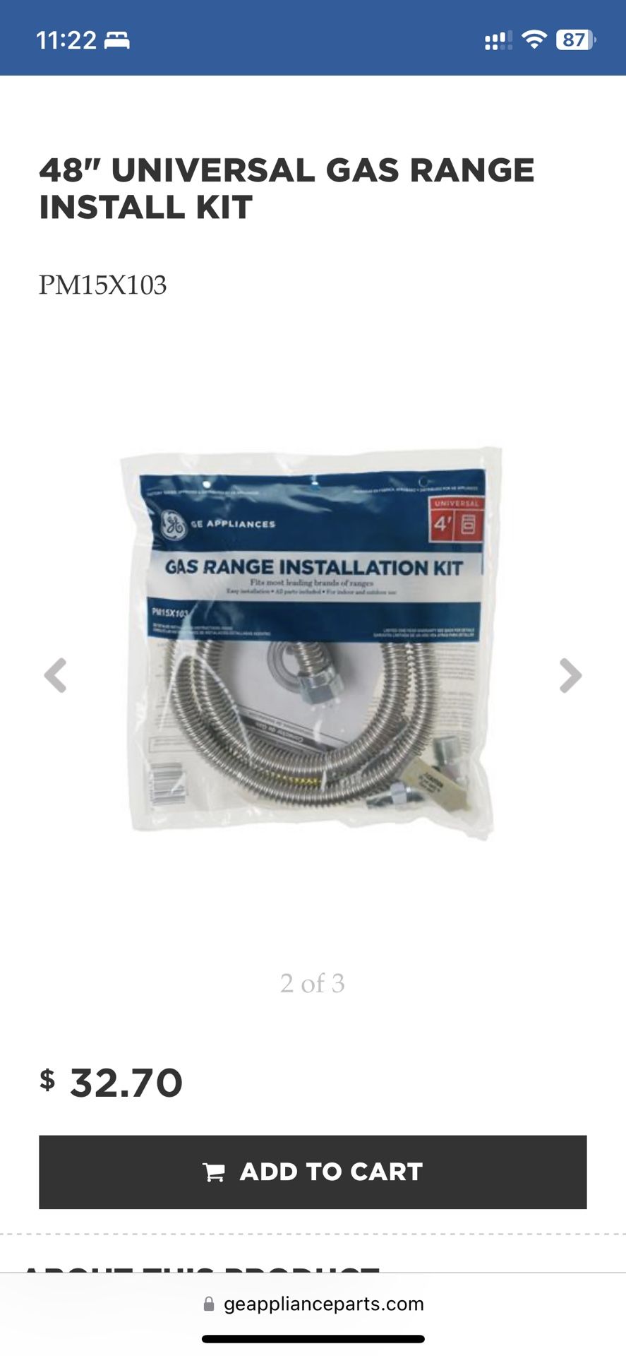 48" UNIVERSAL GAS RANGE INSTALL KIT PM15X103