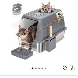 Stainlesss Steel Litter Box with Lid Enclosed XL High Walls with Triple Pedal Non Sticky Anti-Leak