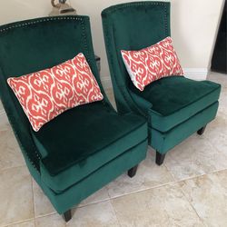 2 Velvet Fabric wingback  Chairs Emerald Green