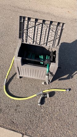 Suncast Hose Reel Storage Box + Hose & Spray Nozzles – $25