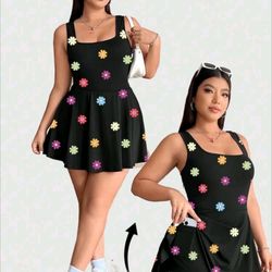 3XL Black Dress With Flowers (With Connected Shorts With Pockets)