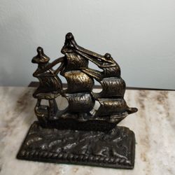 Vintage - Mid Century Bronze Metal Ship Bookend - Nautical Deco 5.4"×5"×2"