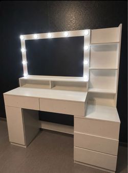 White Vanity Desk with Hollywood Mirror and rhinestone leather chair
