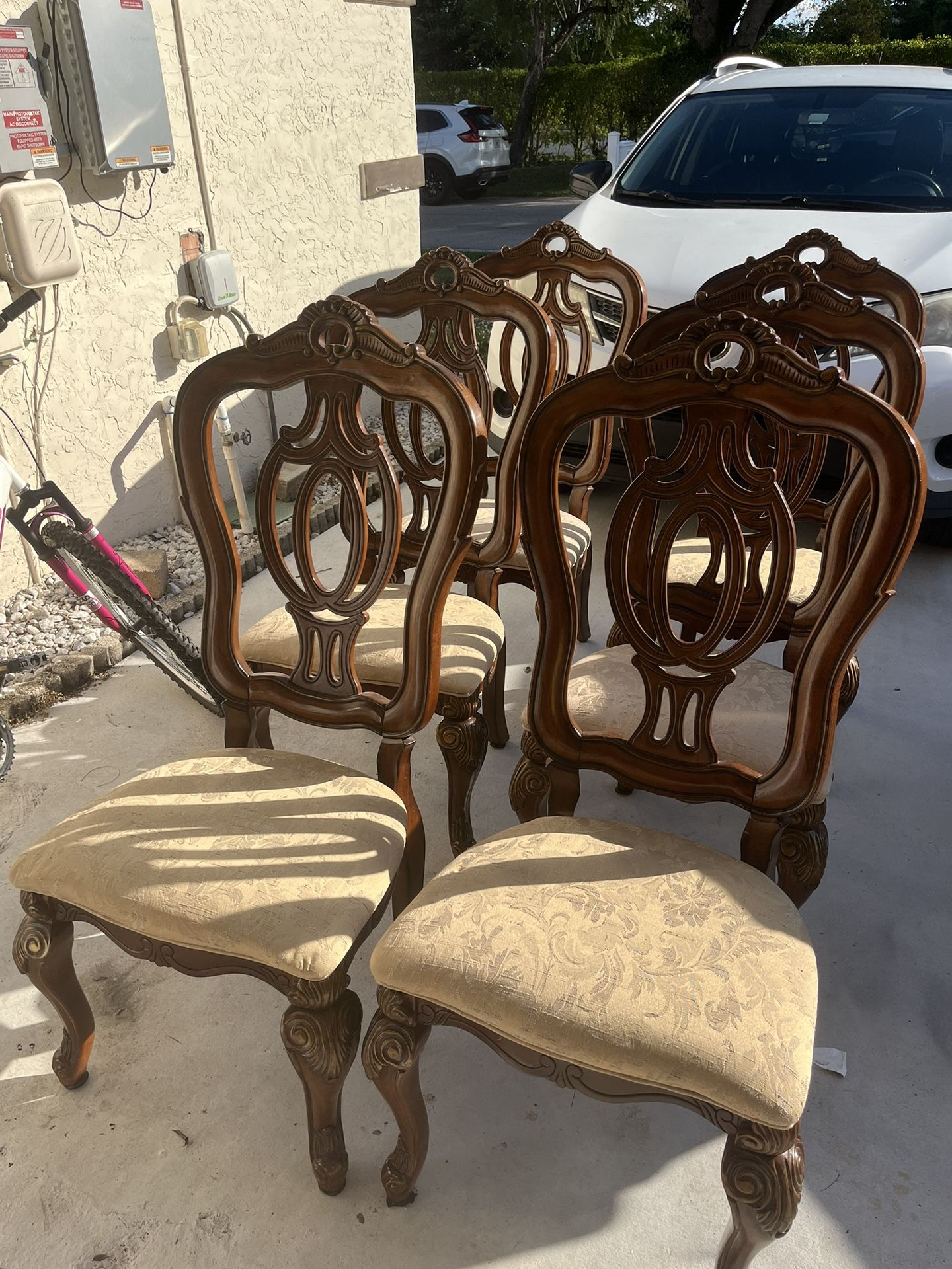 Set Of 6 Wooden Dining Table Chairs with Tan Seats