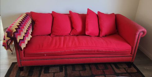 Crate and Barrel Red Fabric Sofa with Nailhead Trim