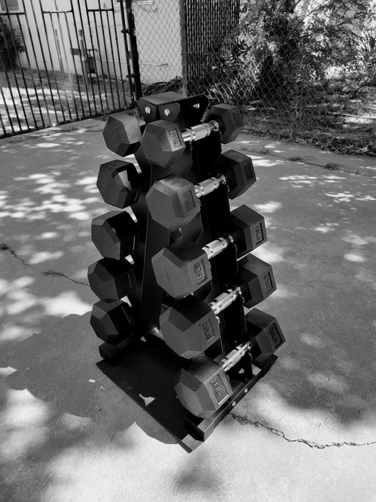 Hex Dumbbell Set with Rack Rubber Coated Cast Iron Weights 5-25lbs Set Brand New