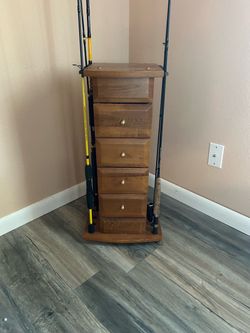 Wooden Fishing Rod Storage Rack with Drawers