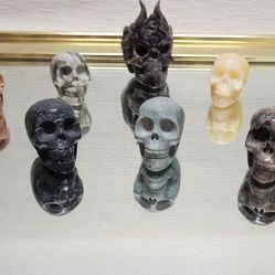 Assorted Stone Skulls- Crystals skulls, carvings, stones, calcite, jade, Jasper, rose quartz, etc.