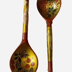 𝅺(2pcs.) vintage Russian Painted Khokloma Wooden Spoon, Gold/Red