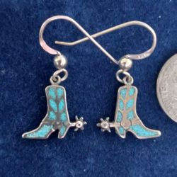 Vintage Sterling Silver Turquoise Chip Inlay Cowboy Cowgirl Boots With Spurs Dangle Pierced Earrings Very Cute Dainty Read Description