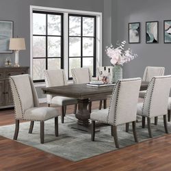 Dining Table With 6 Chairs - Wooden Table Trestle Design Double Pedestal And Linen Fabric Chairs