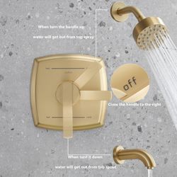 Brushed Gold Shower Fixtues, Tub and Shower Faucet Set Combo with 4 Inch Gold Shower Head and Tub Spout, Gold Shower Head and Handle Set (Valv