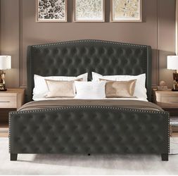 Open box-King Size Bed Frame Velvet Upholstered Platform Bed with Wingback Headboard & Footbaord, Deep Button Tufted Bed Frame with Wood Slats Support