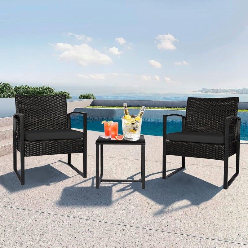 3 Piece Wicker Outdoor Patio Furniture Bistro Set, PE Rattan Chair w/Coffee Table, Small Modern Conv