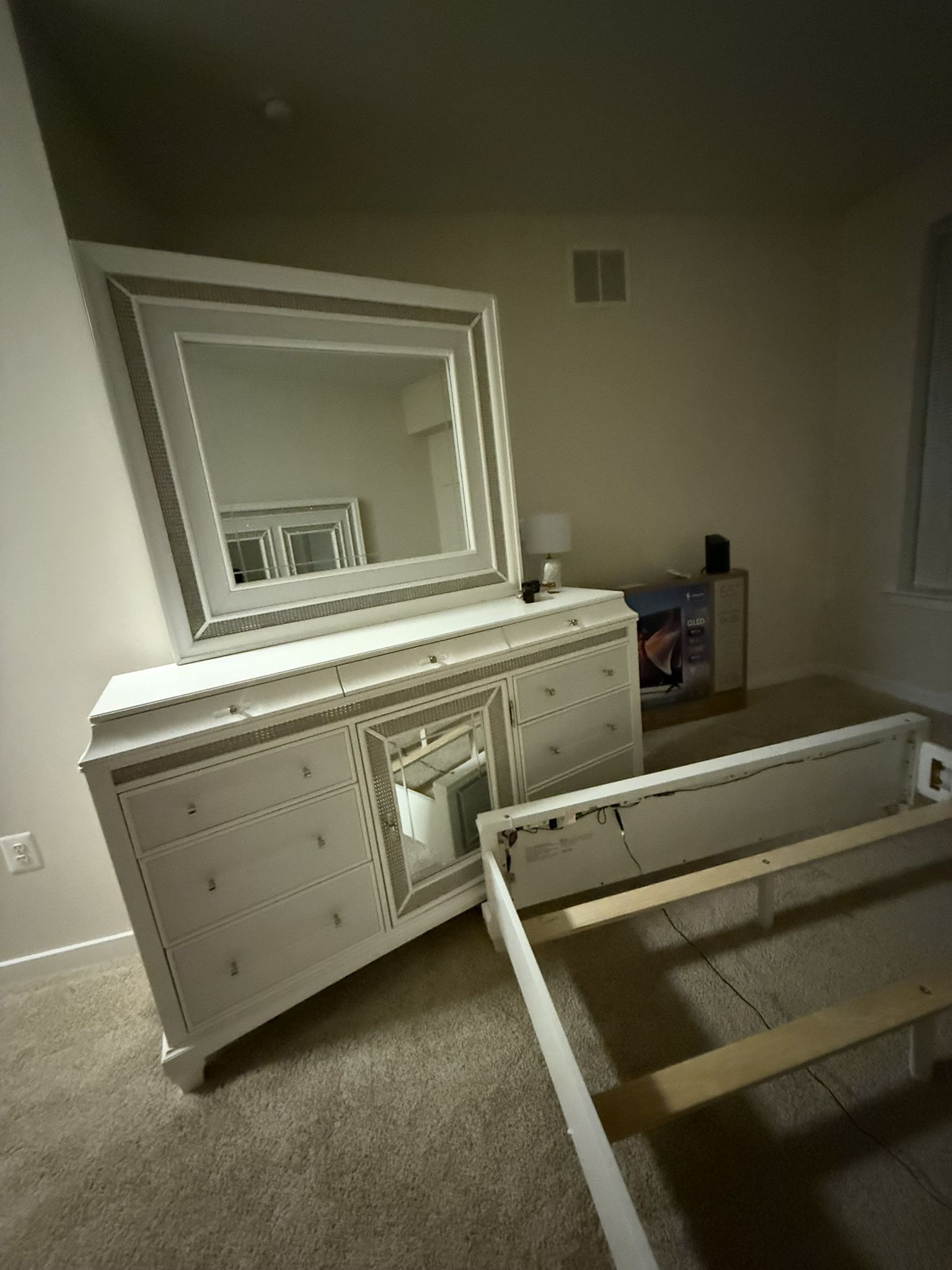 Modern White LED Bedroom Set – Queen Bed + Dresser w/ Mirror + Nightstand