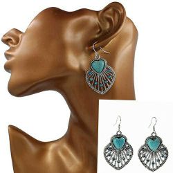 Ethnic Tribal Tibetan Sterling Silver Turquoise Crystal Heart Earrings