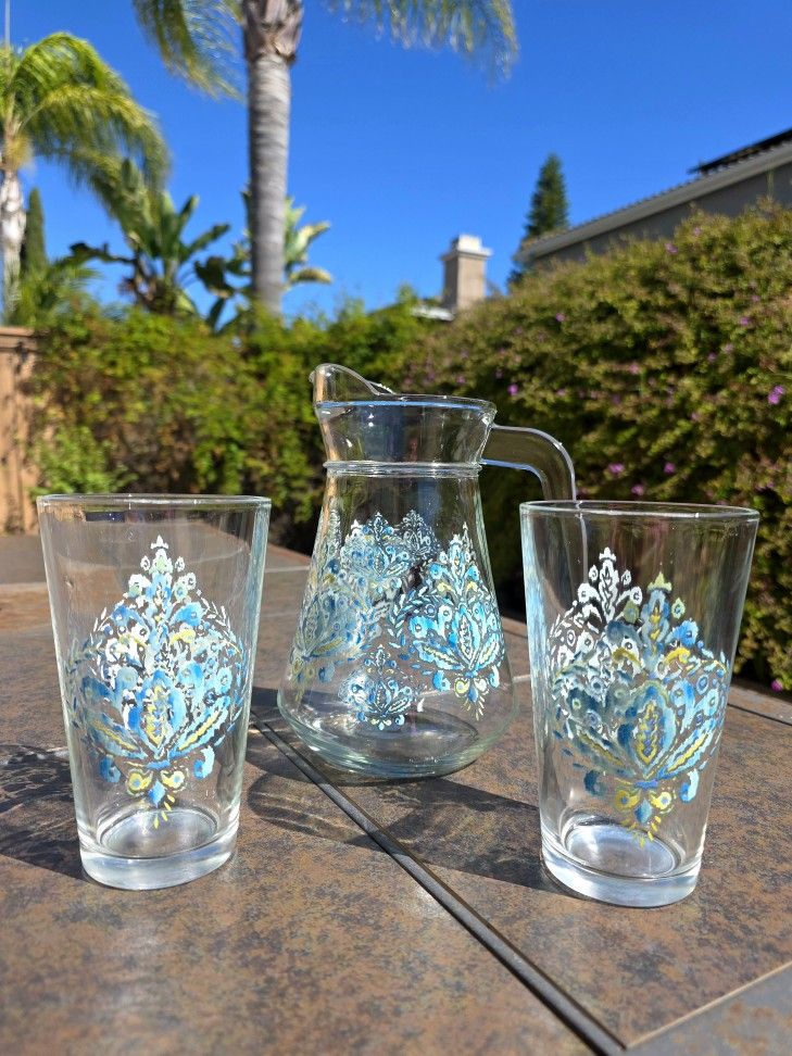 Vintage 1980's Glass Pitcher And Two Matching Tumblers