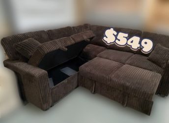 Convertible Sectional Sofa With Storage & Sleeper Fur Like Corduroy