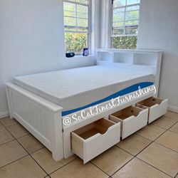 White Full Bed With Drawers And Memory Foam Mattress 