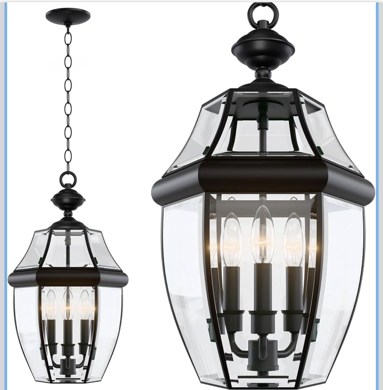 New Large Outdoor Pendant Light Fixture 3-Light, 20in Modern Black Outdoor Chandelier Hanging Porch Light