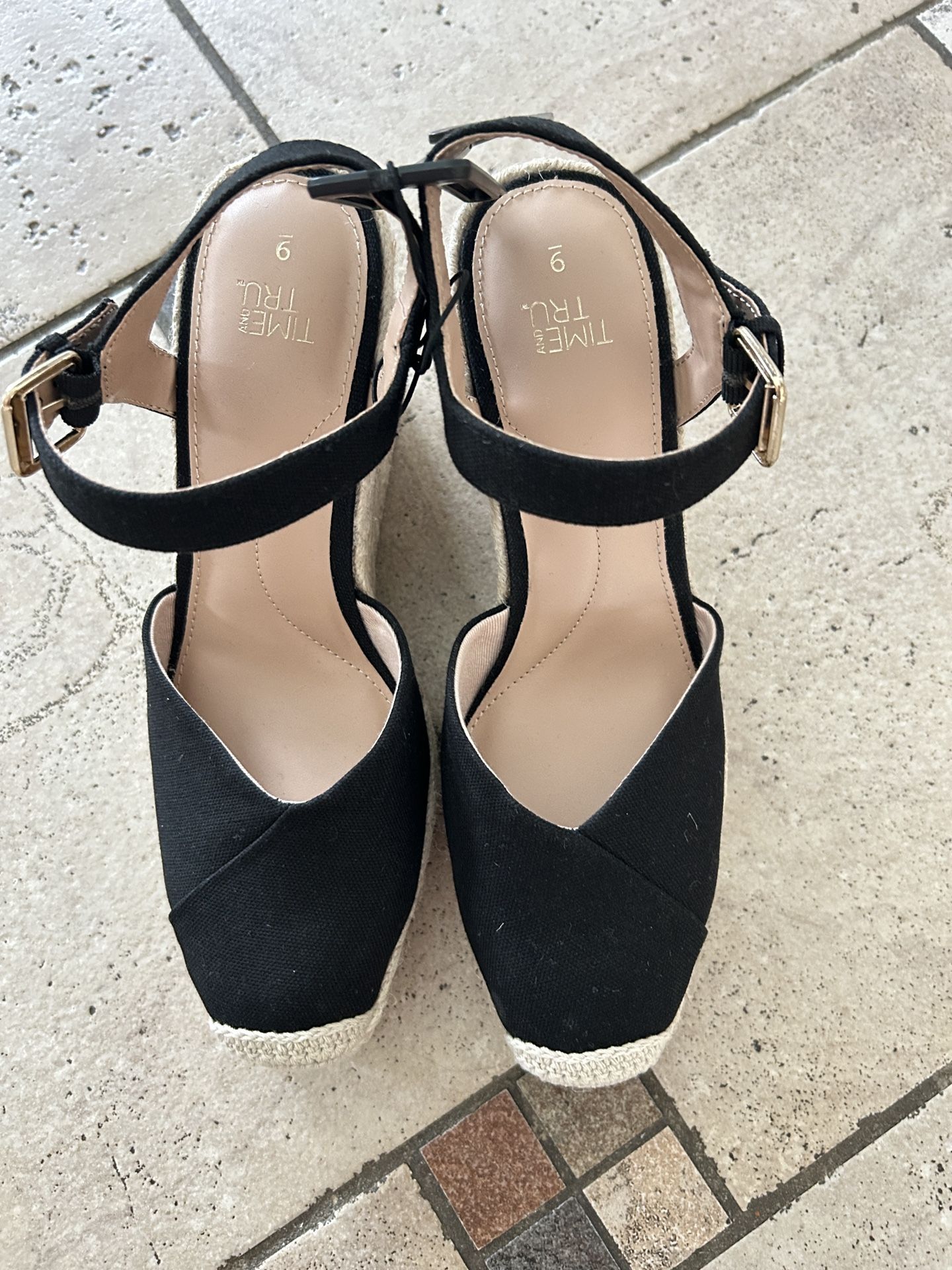 NEW Time and Tru Black Espadrille wedge sandals with Ankle Straps size 9