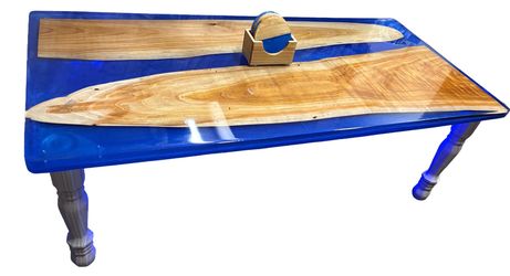 Natural wood and Blue Epoxy river table w/Matching coaster set