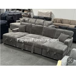 New deal! 120” Ultra Large Sectional Sofa Bed, Double Chaise Sectional, Super Comfort Corduroy Couch, Sectional, Sofa, Couch, U-Shaped Couch,Sectional