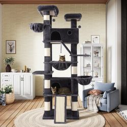 SHA CERLIN 81in Multi-Level Tall Cat Tree Tower for Indoor Kitties/Larger Cat Condo Furniture with Hammock/Cozy Pussycat Perches/Sisal Scratching Post