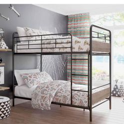 Anniston Twin Over Twin Bunk Bed, Metal Frame and Rustic Gray Accents