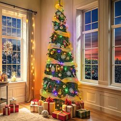 6FT Pop Up Christmas Tree with Light, Foldable Christmas Tree w/Remote, Fully Decorated Pre-Lit w/100 Warm White & Colored Light, Ornaments, Ribbon, 1