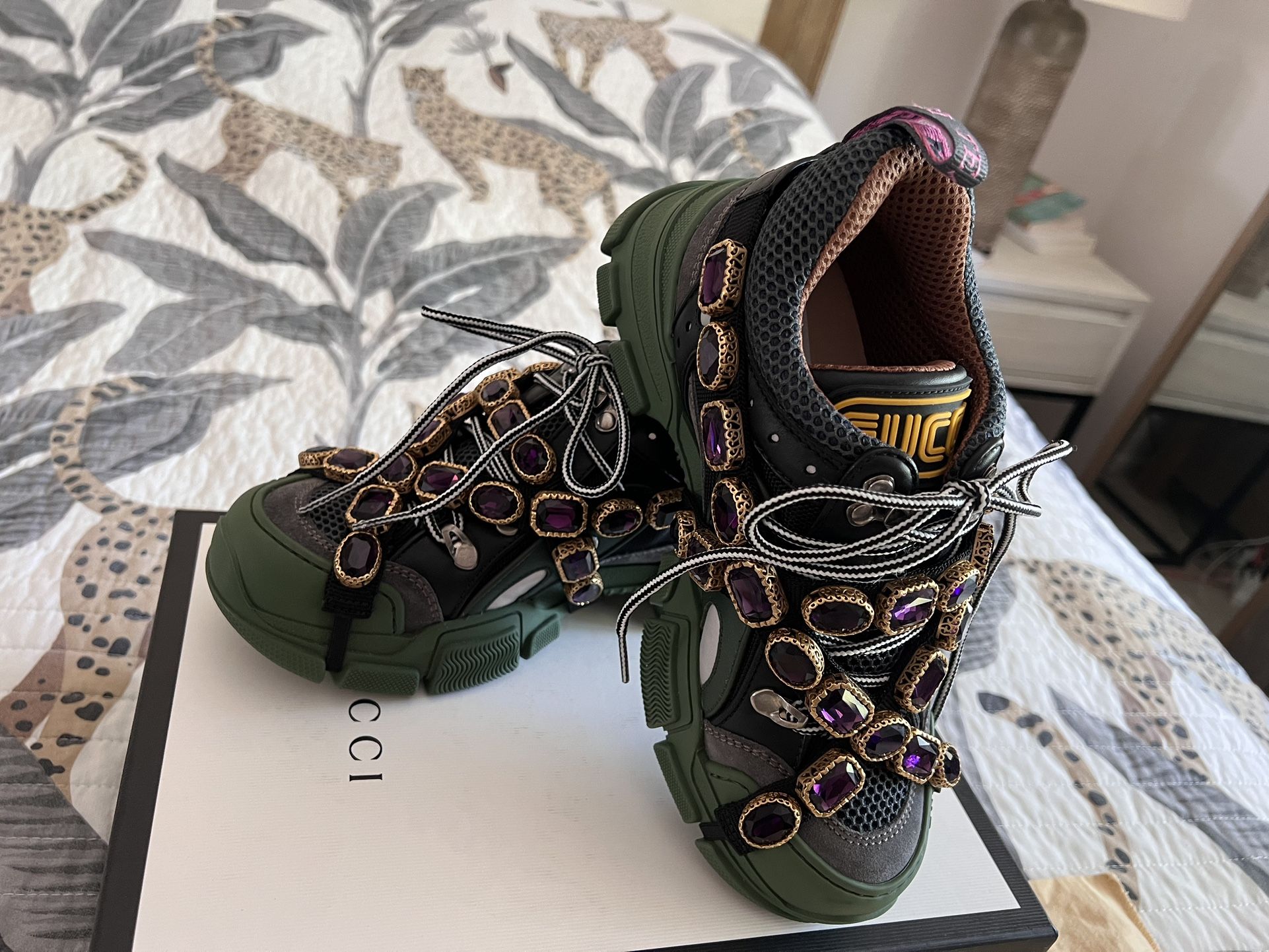 Gucci Flashtrek Sneakers with Removable Jewel Crystal Green Size