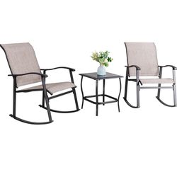 Vongrasig 3 Piece Outdoor Rocking Bistro Set, Textilene Fabric Small Patio Furniture Set, Front Porch Rocker Chairs Conversation Set with Glass Table 