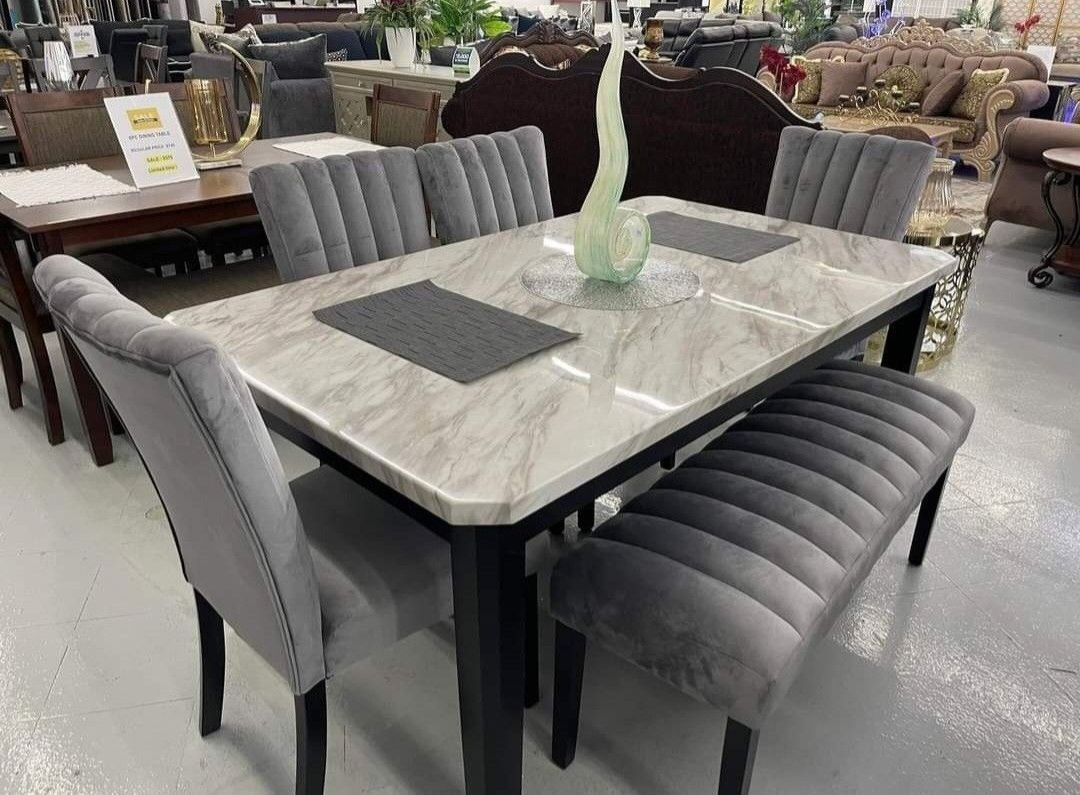 ✅️✅️ 5 pc Pascal black wood finish faux marble top dining table set grey fabric (Bench not included)✅️