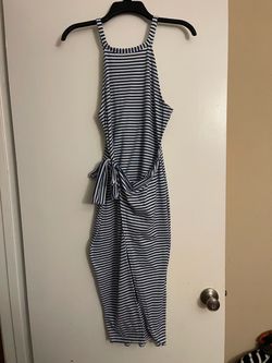 Blue and White Striped Sleeveless Midi Dress