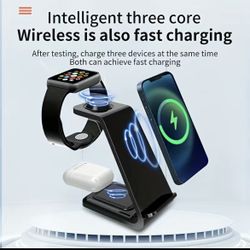 3 In 1 Magnetic Wireless Charger Stand, 15W Fast Charging Dock Station Black